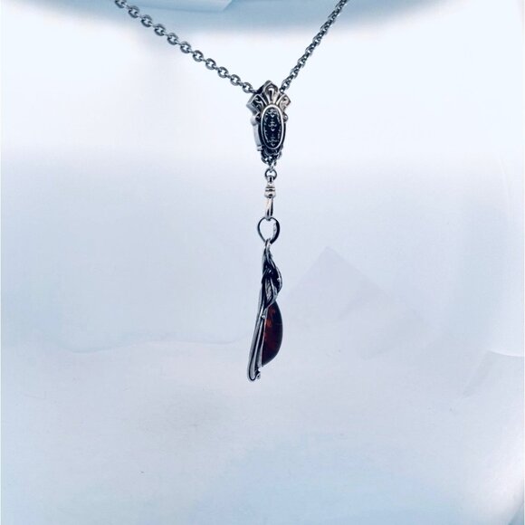 Estate Sterling Silver 925 Necklace w/ Large Amber Art Nouveau Pendant 26” - Picture 2 of 11